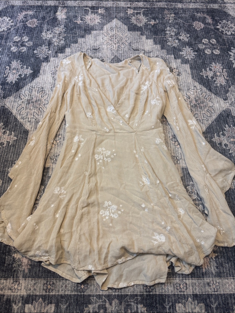 Free People Cream Floral Long Sleeve Wrap Dress